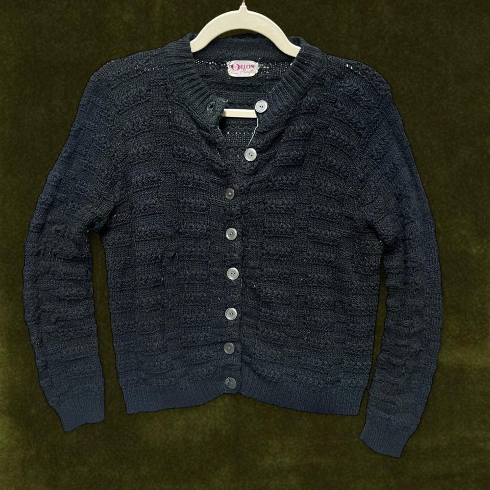 True Vintage 1960s Black Textured Orlon Acrylic Cardigan Sweater / Small/Medium